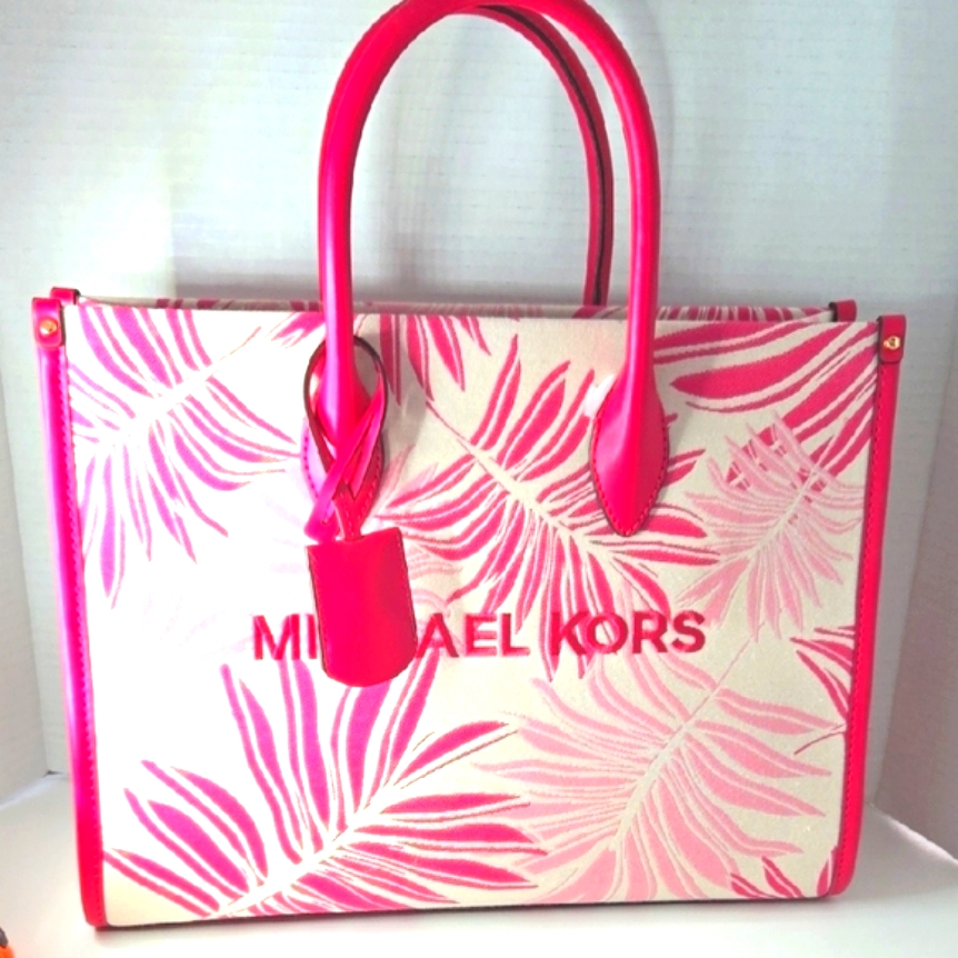 Michael Kors Pink And Cream Tote Bag With Palm Leaf Design